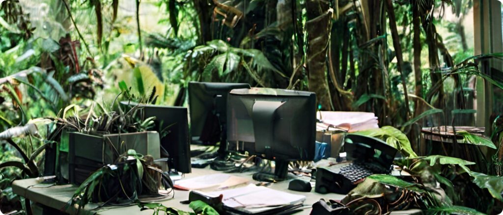 openart-a-close-up-photograph-of-a-modern-tech-office-located-in-the-jungle-surrounded with-jungle-trees-wwith-big-green-leafs-and-wires-hanging-like-lianas_8Ayiuo-j_upscaled-1-1024x439