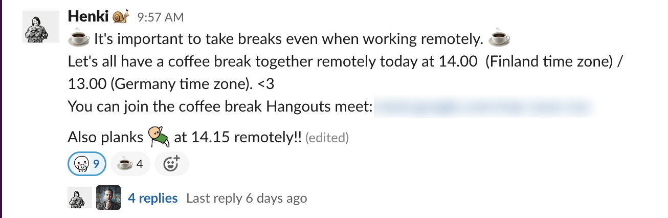 Slack message about a coffee break